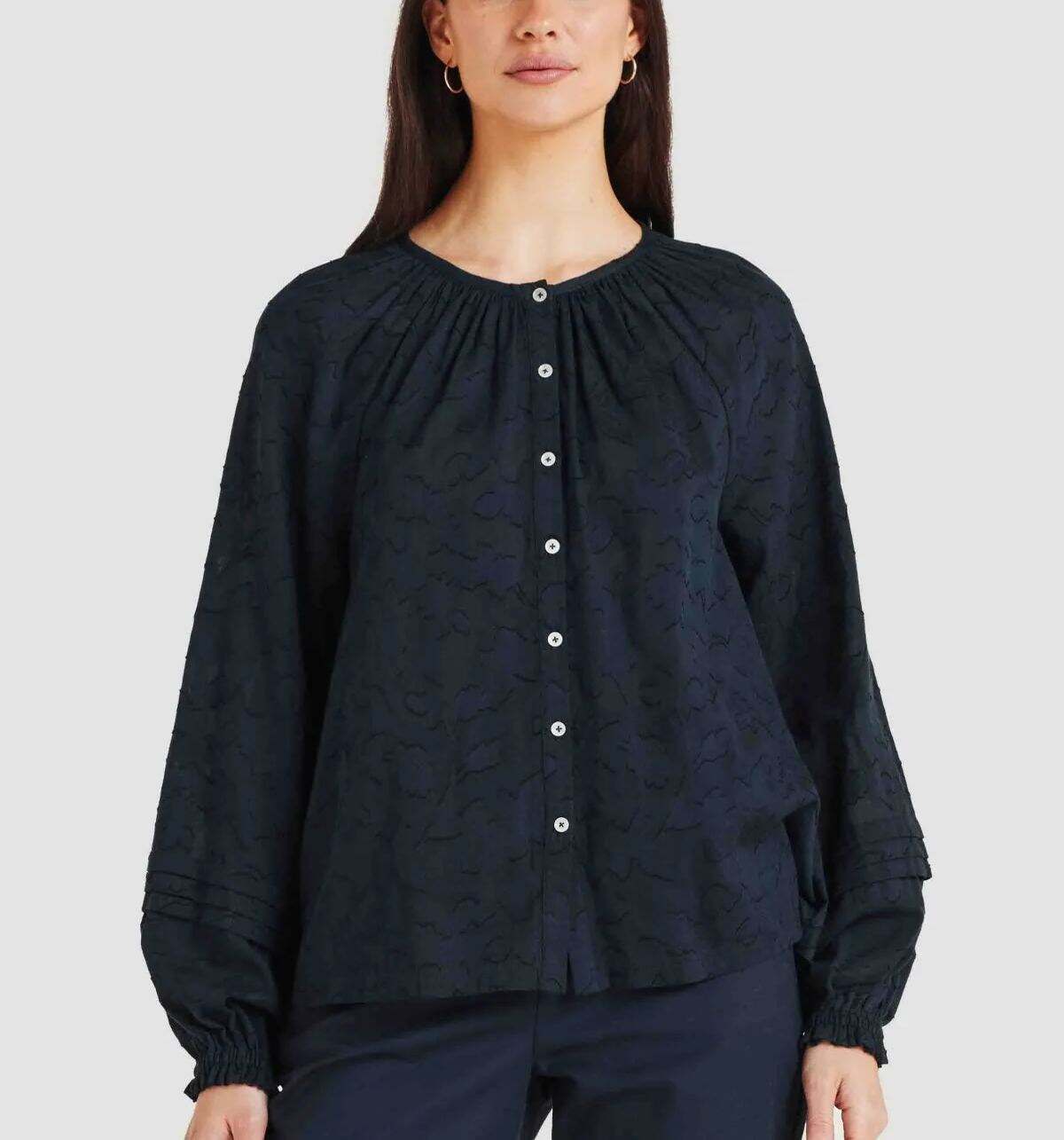 Floral Jacquard Blouse - Navy