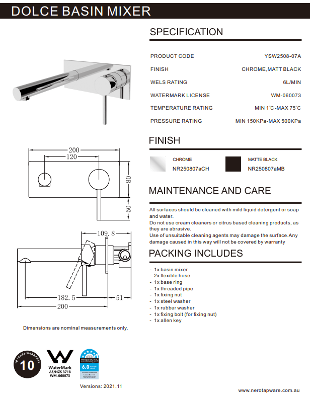 NERO DOLCE WALL BASIN MIXER STRAIGHT SPOUT CHROME