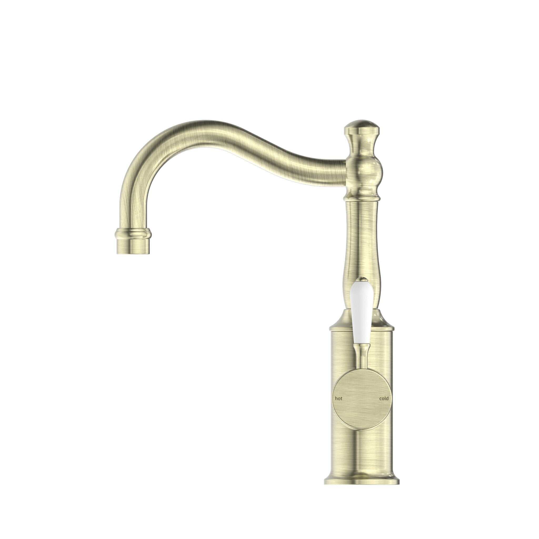 NERO YORK BASIN MIXER HOOK SPOUT WITH WHITE PORCELAIN LEVER AGED BRASS