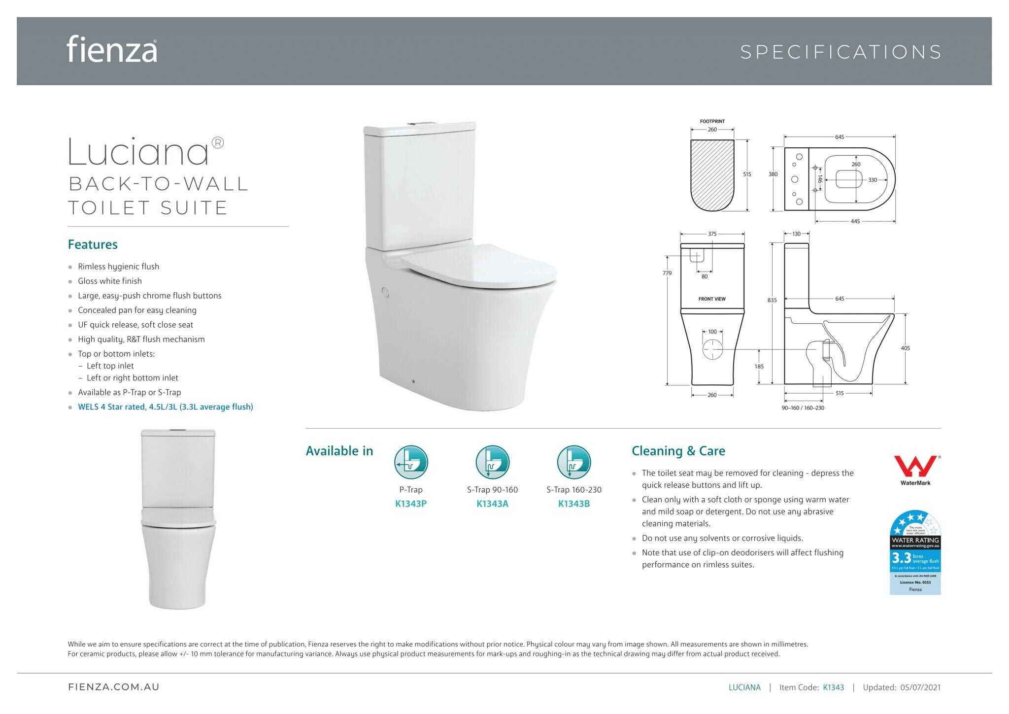 Fienza Luciana Back To Wall Toilet Suite