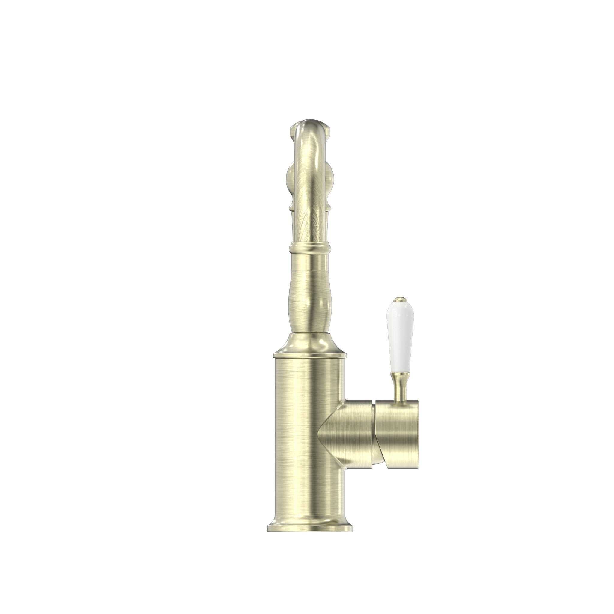 NERO YORK BASIN MIXER HOOK SPOUT WITH WHITE PORCELAIN LEVER AGED BRASS