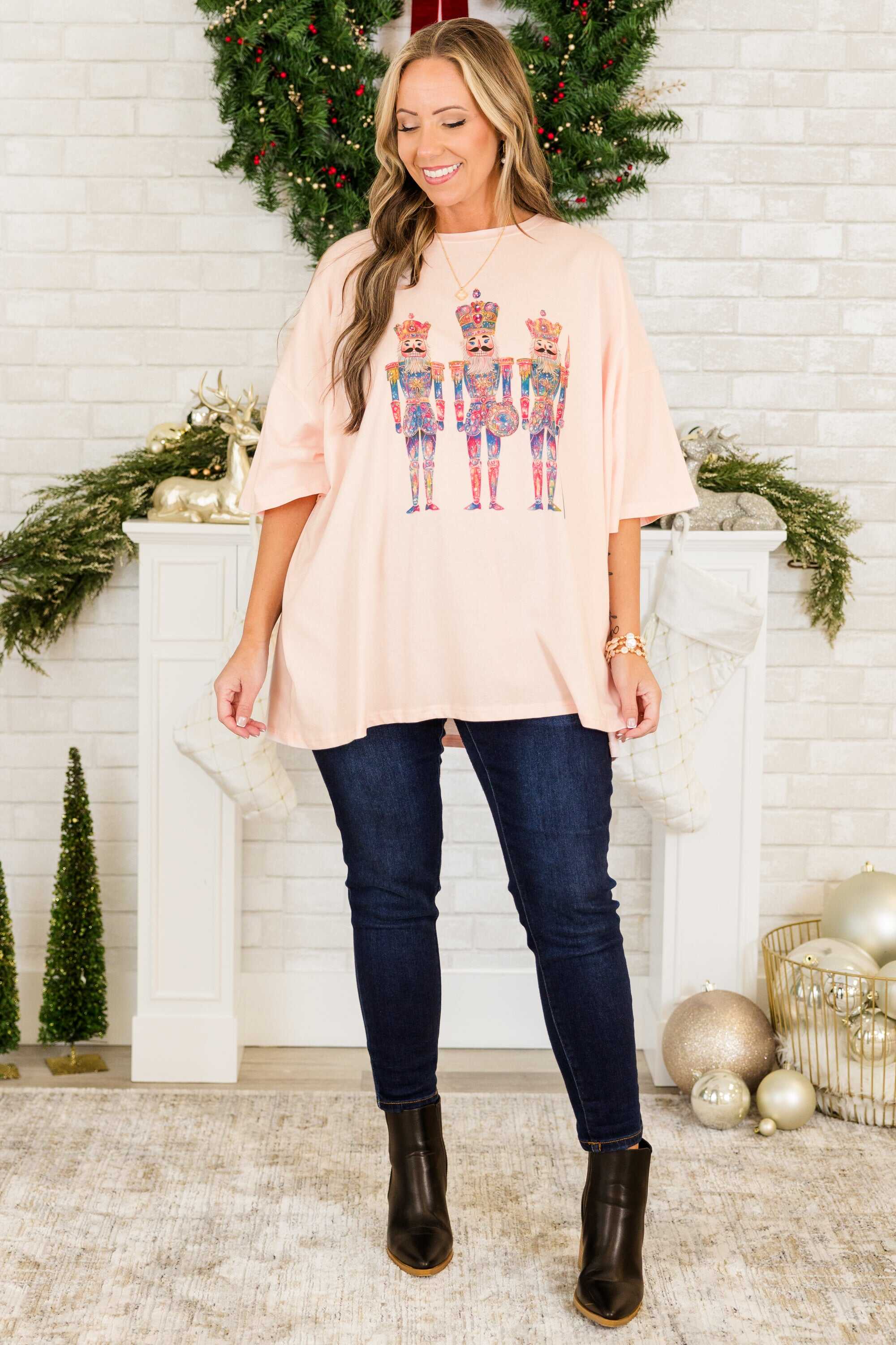 Nutcracker Chic Boyfriend Tee, Cream Pink