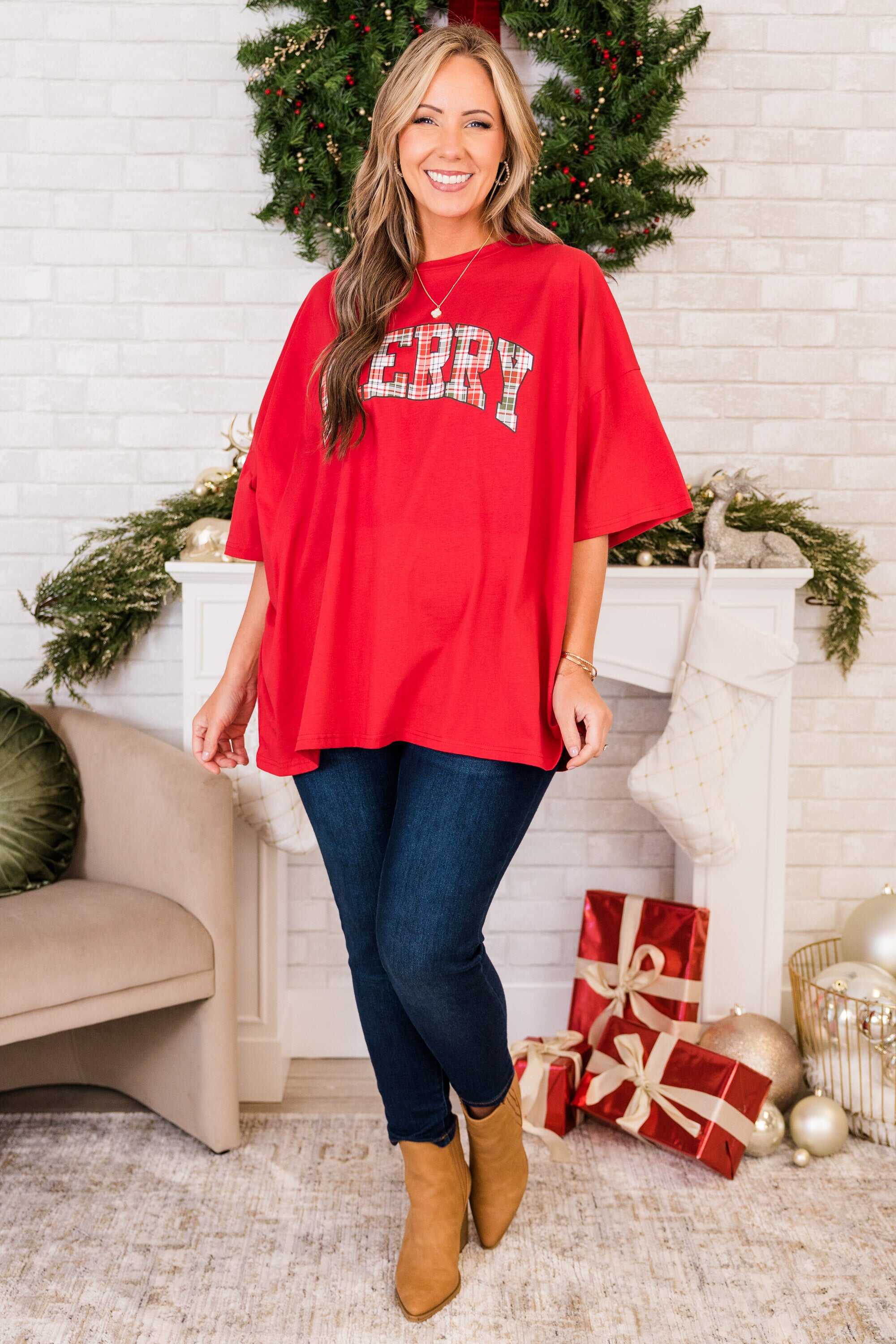 Merry and Plaid Boyfriend Tee, Red