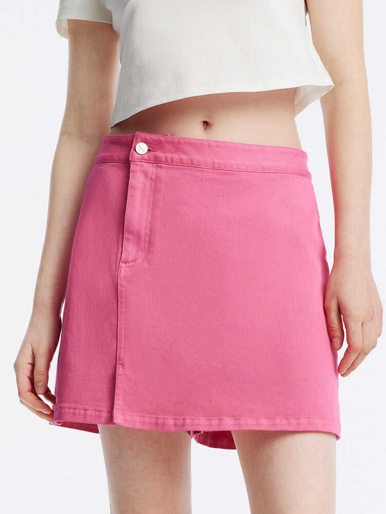 Rose Pink Slit Denim Short Skirt