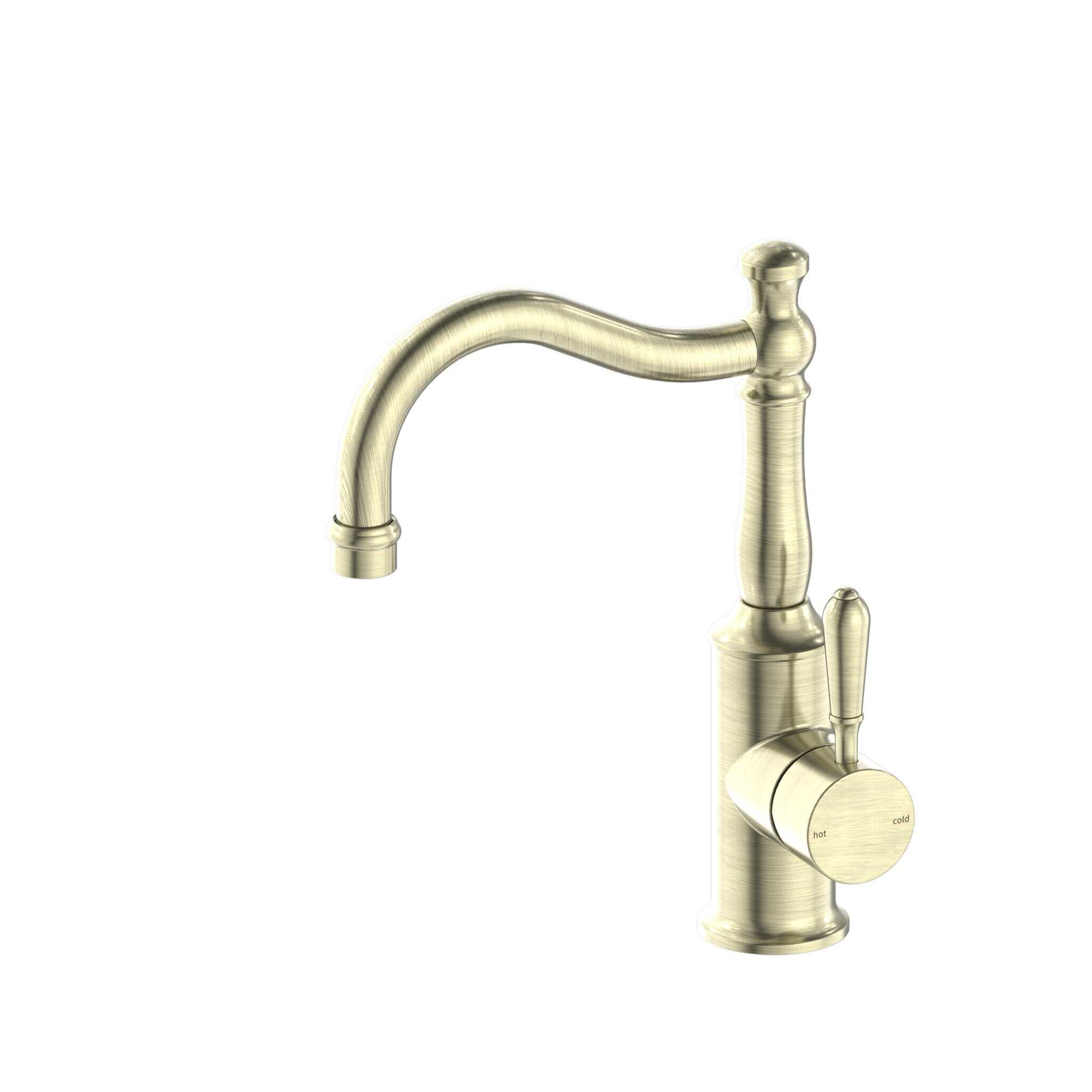 NERO YORK BASIN MIXER HOOK SPOUT WITH METAL LEVER AGED BRASS