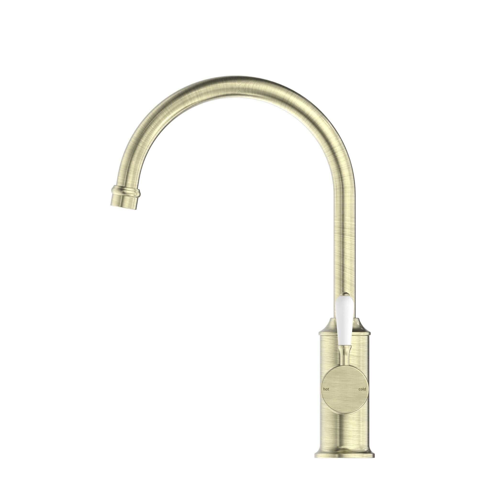 NERO YORK KITCHEN MIXER GOOSNECK SPOUT WITH WHITE PORCELAIN LEVER AGED BRASS