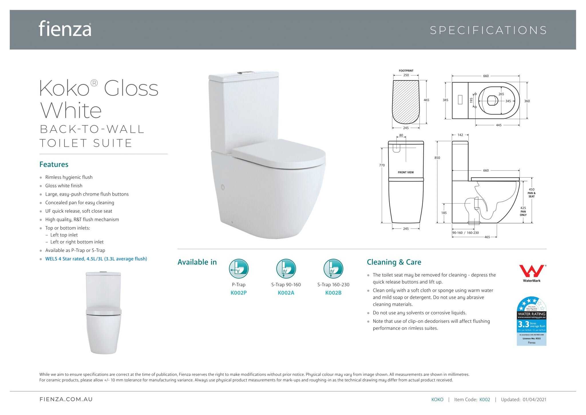 Fienza Koko Back To Wall Toilet Suite