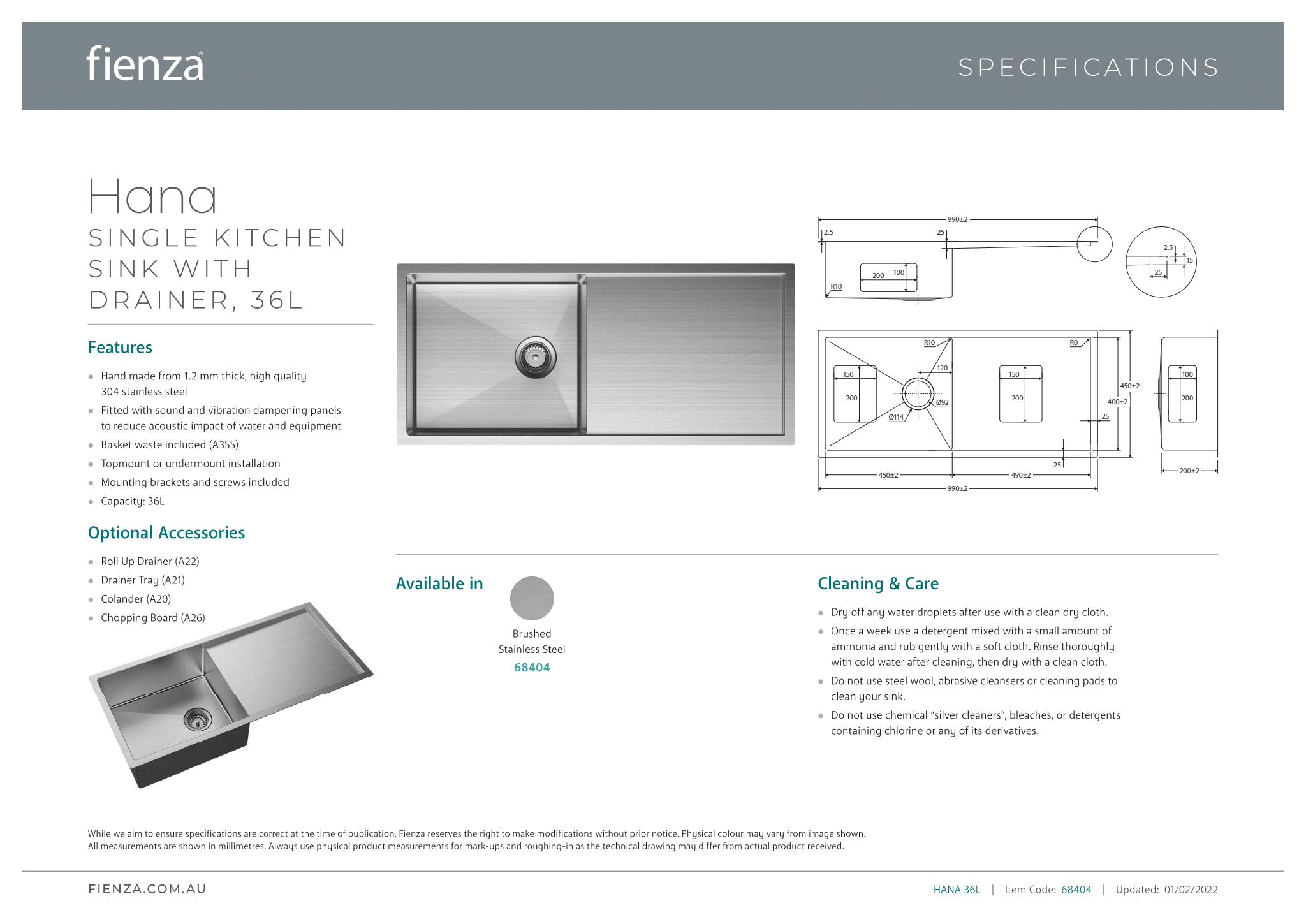 36L Single Kitchen Sink with Drainer