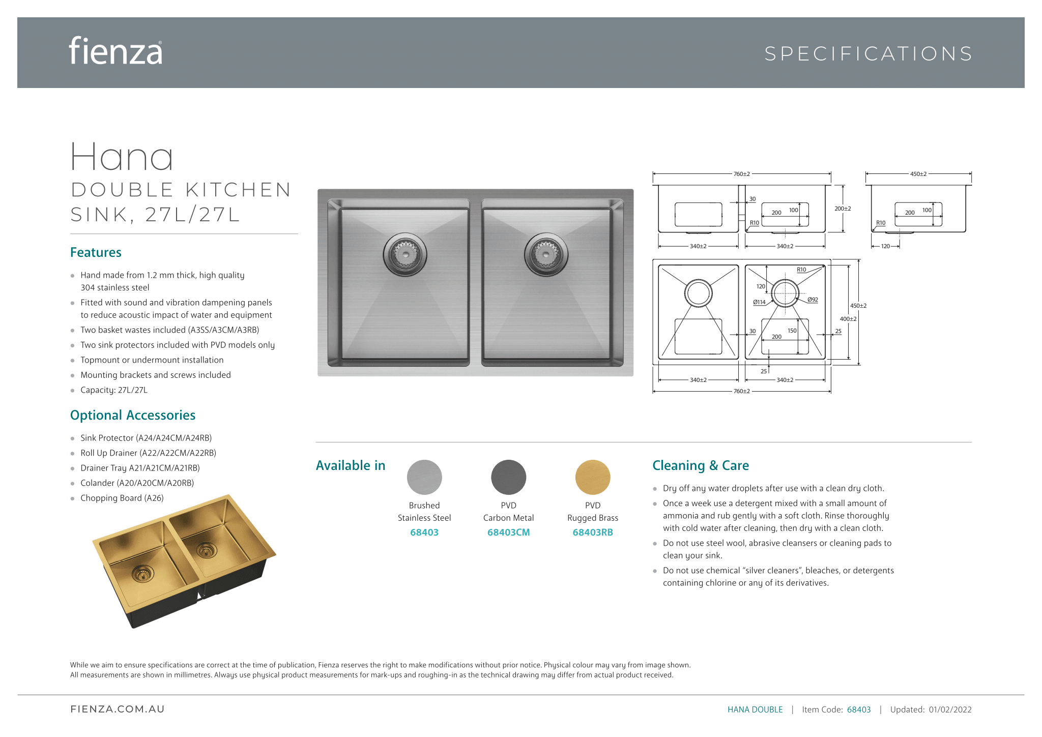 Fienza Hana 27L/27L Double Kitchen Sink