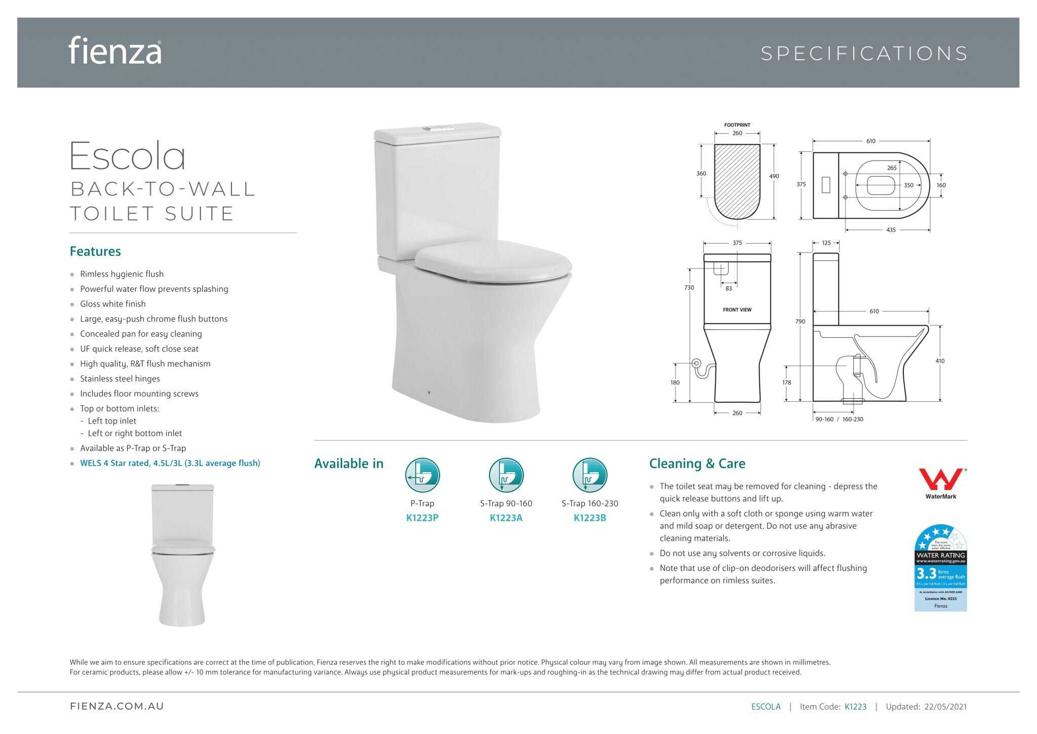 Fienza Escola Back To Wall Toilet Suite