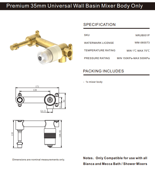 NERO PREMIUM 35MM UNIVERSAL WALL BASIN/BATH MIXER BODY ONLY