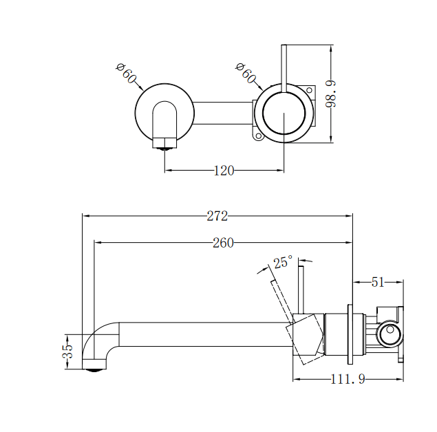 NERO MECCA WALL BASIN/BATH MIXER SEPARATE BACK PLATE HANDLE UP 260MM BRUSHED BRONZE