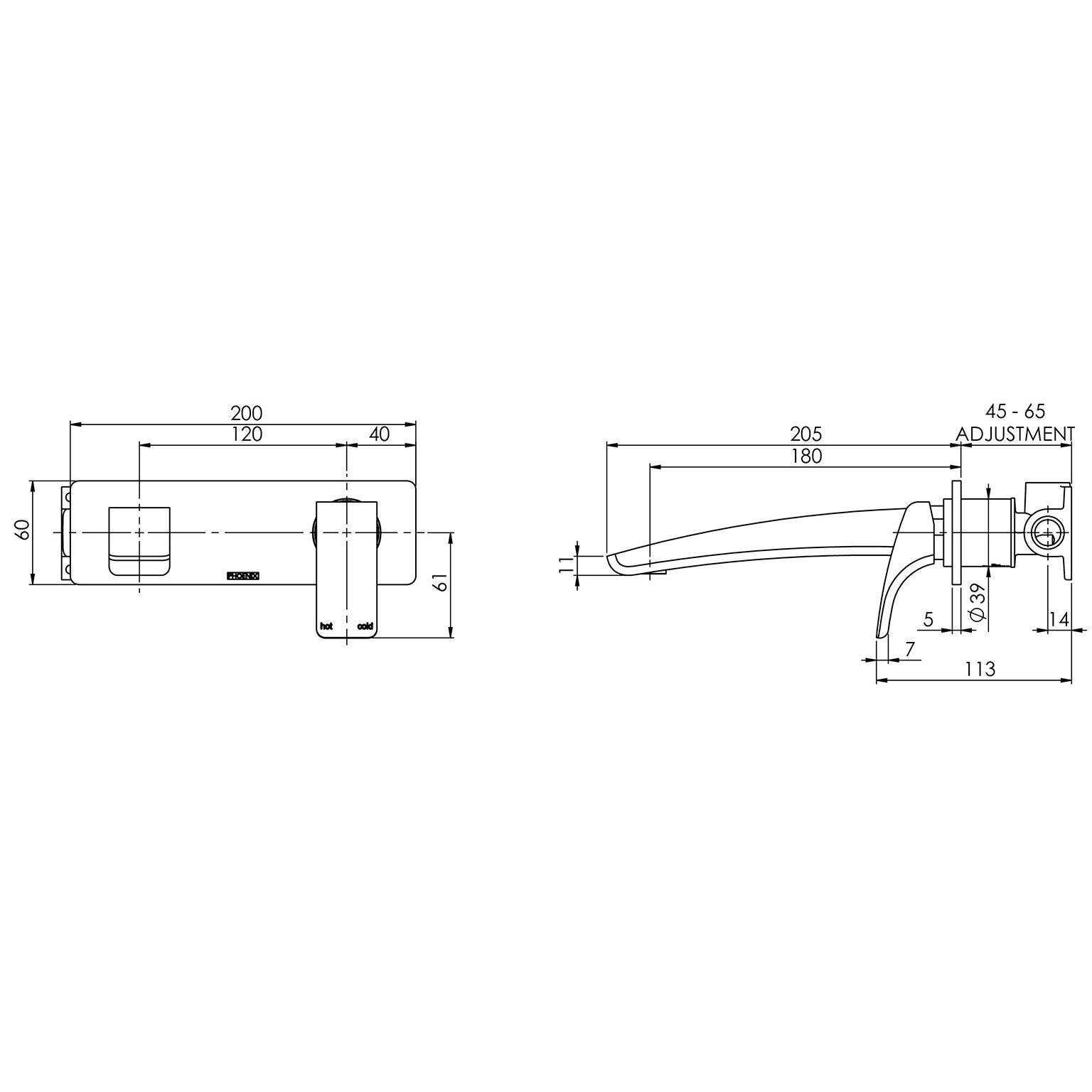 Phoenix Rush Wall Basin/ Bath Mixer Set 180mm