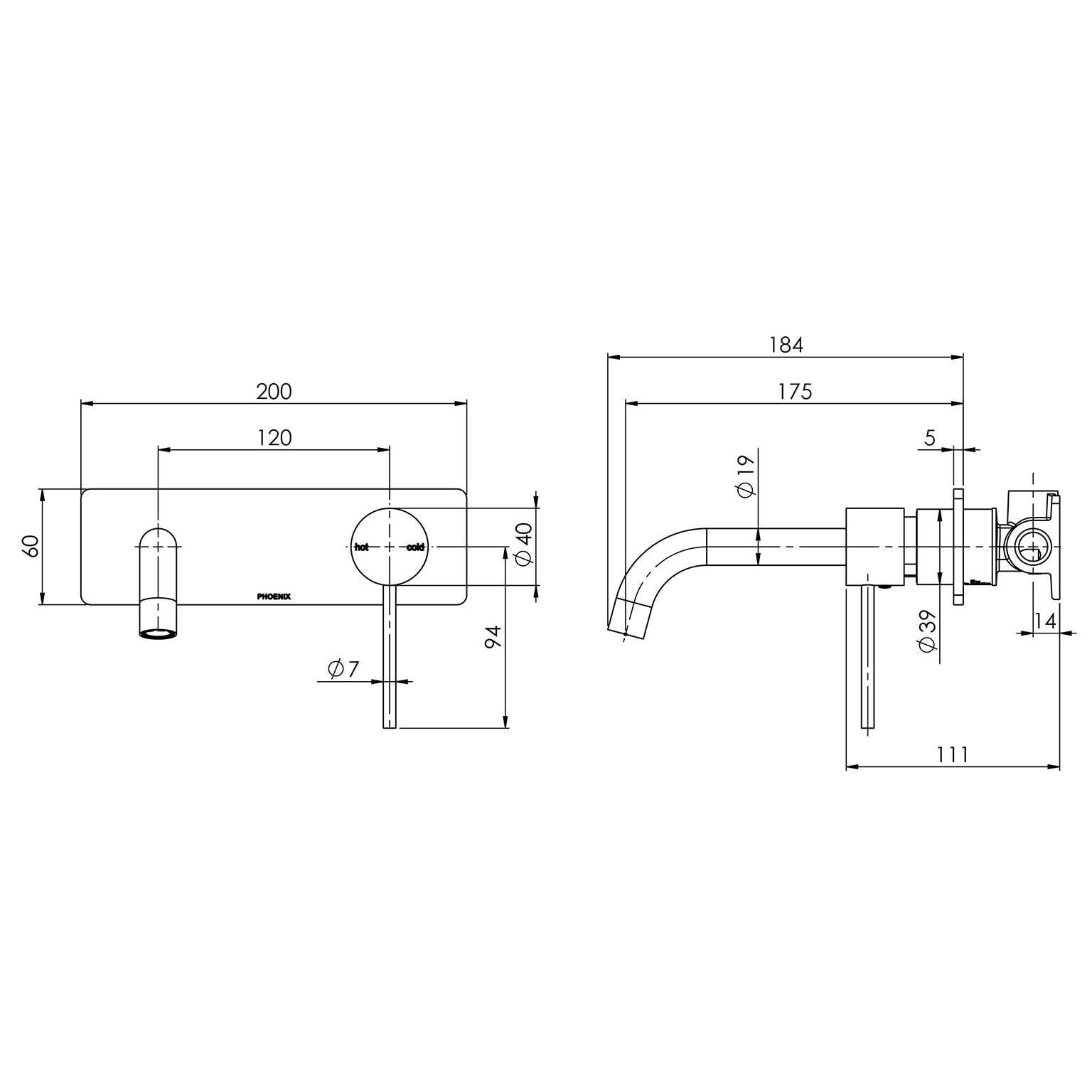 Phoenix Vivid Slimline Wall Basin/ Bath Mixer Set 180mm Curved