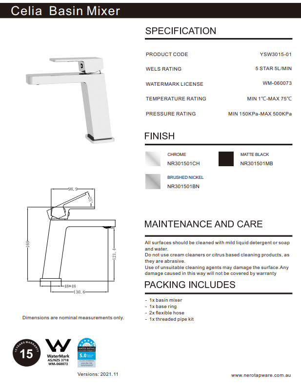 NERO CELIA BASIN MIXER ANGLE SPOUT BRUSHED NICKEL