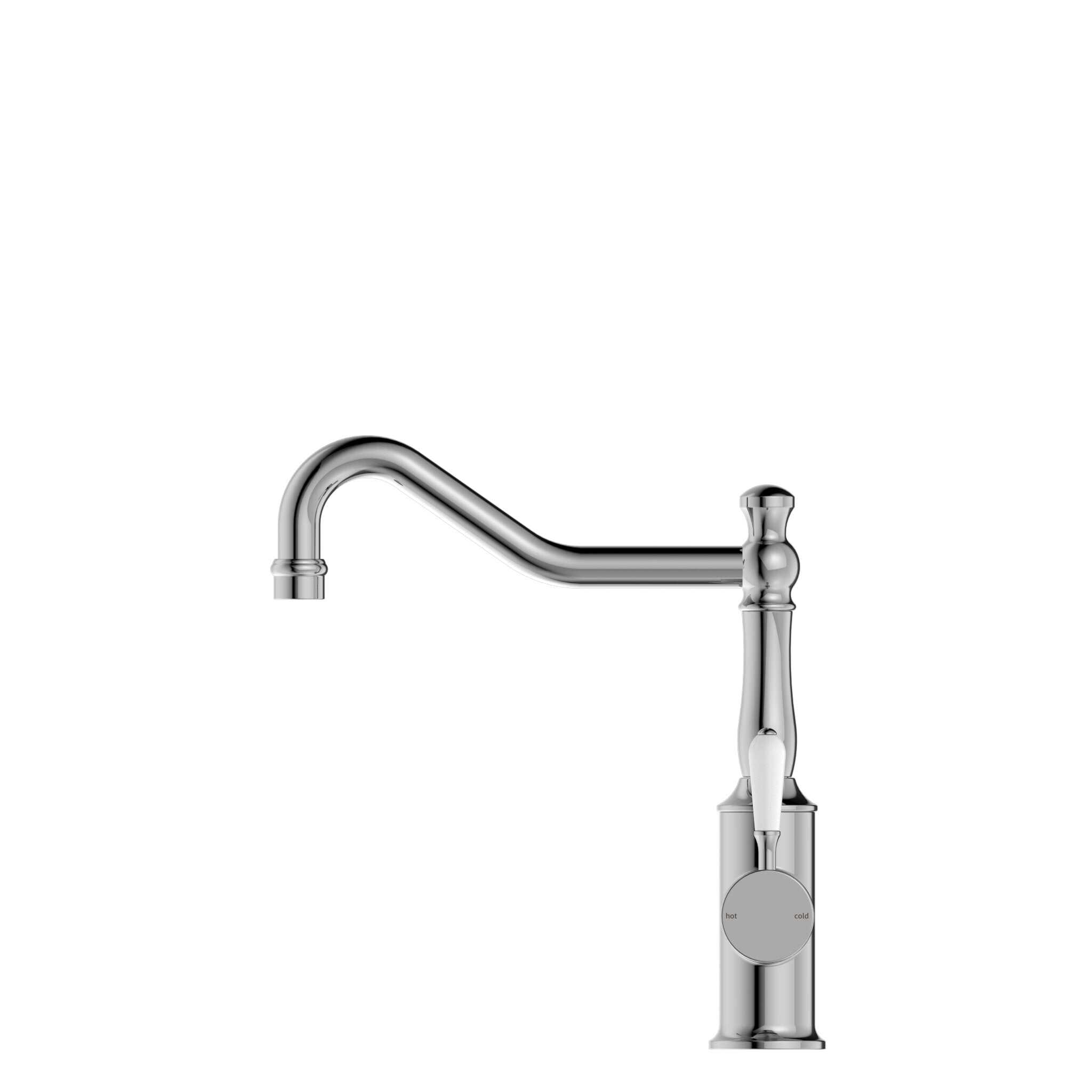 NERO YORK KITCHEN MIXER HOOK SPOUT WITH WHITE PORCELAIN LEVER CHROME