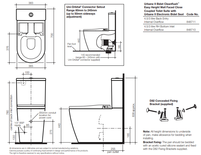 URBANE II BIDET CLEANFLUSH® WALL FACED CLOSE COUPLED TOILET SUITE (WITH GERMGARD®) 848710W / 848711W