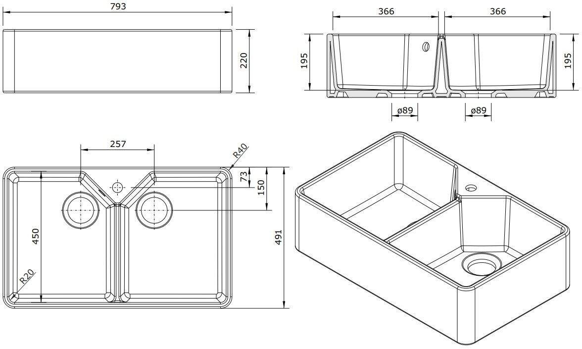 Turner Hastings Chester 80 x 50 Double Flat Front Fine Fireclay Butler Sink