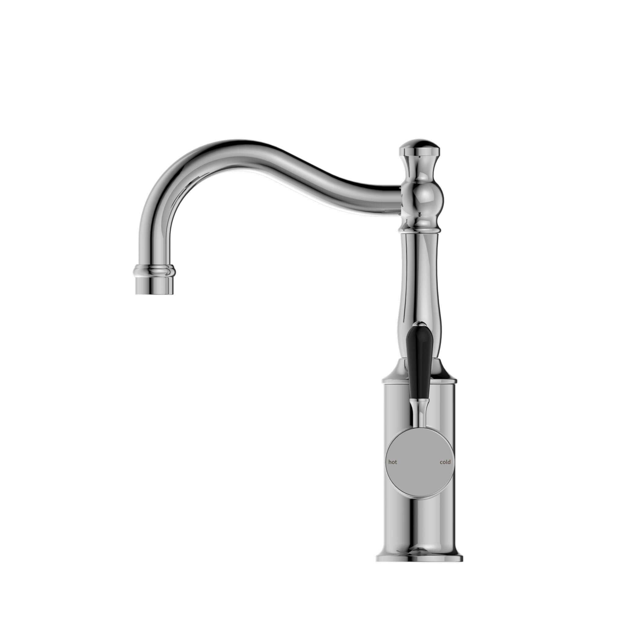 NERO YORK BASIN MIXER HOOK SPOUT WITH BLACK PORCELAIN LEVER CHROME