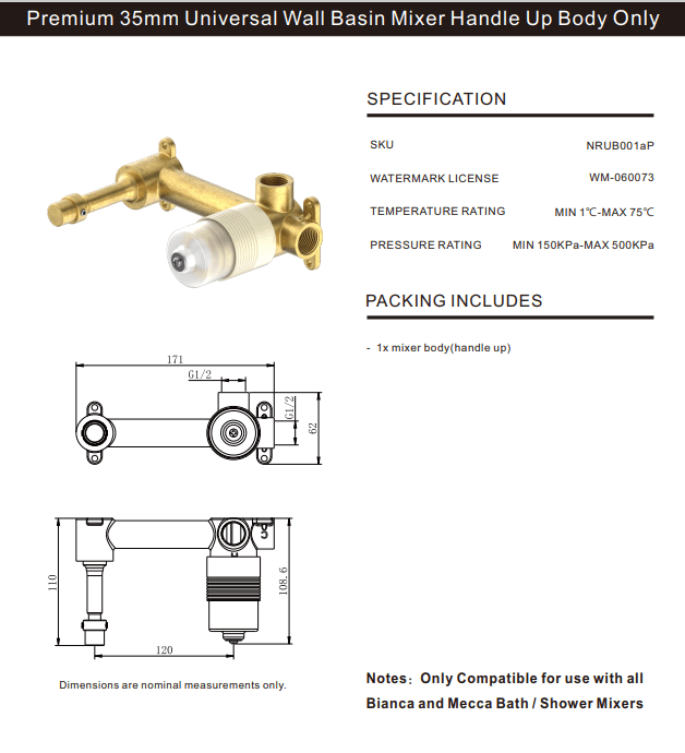 NERO PREMIUM 35MM UNIVERSAL WALL BASIN/BATH MIXER HANDLE UP BODY ONLY