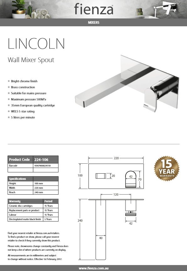 Fienza Lincoln LINCOLN Wall Mixer Spout 224-106