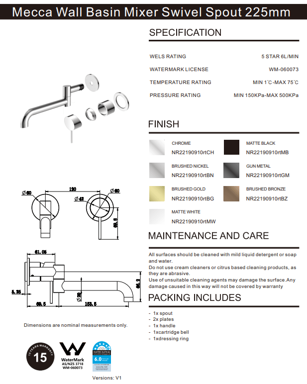 NERO MECCA WALL BASIN/BATH MIXER SWIVEL SPOUT 225MM TRIM KITS ONLY BRUSHED NICKEL