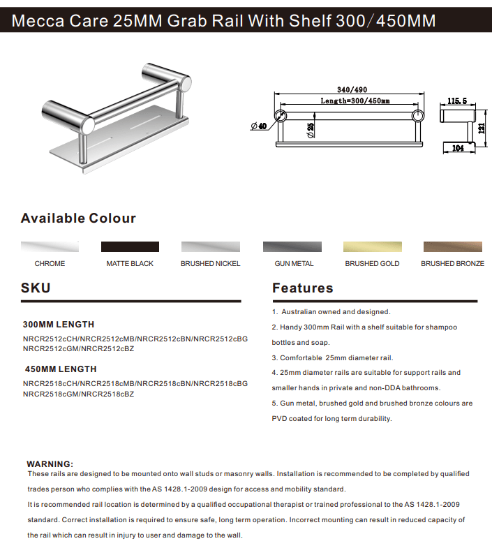 NERO MECCA CARE 25MM GRAB RAIL WITH SHELF 450MM CHROME