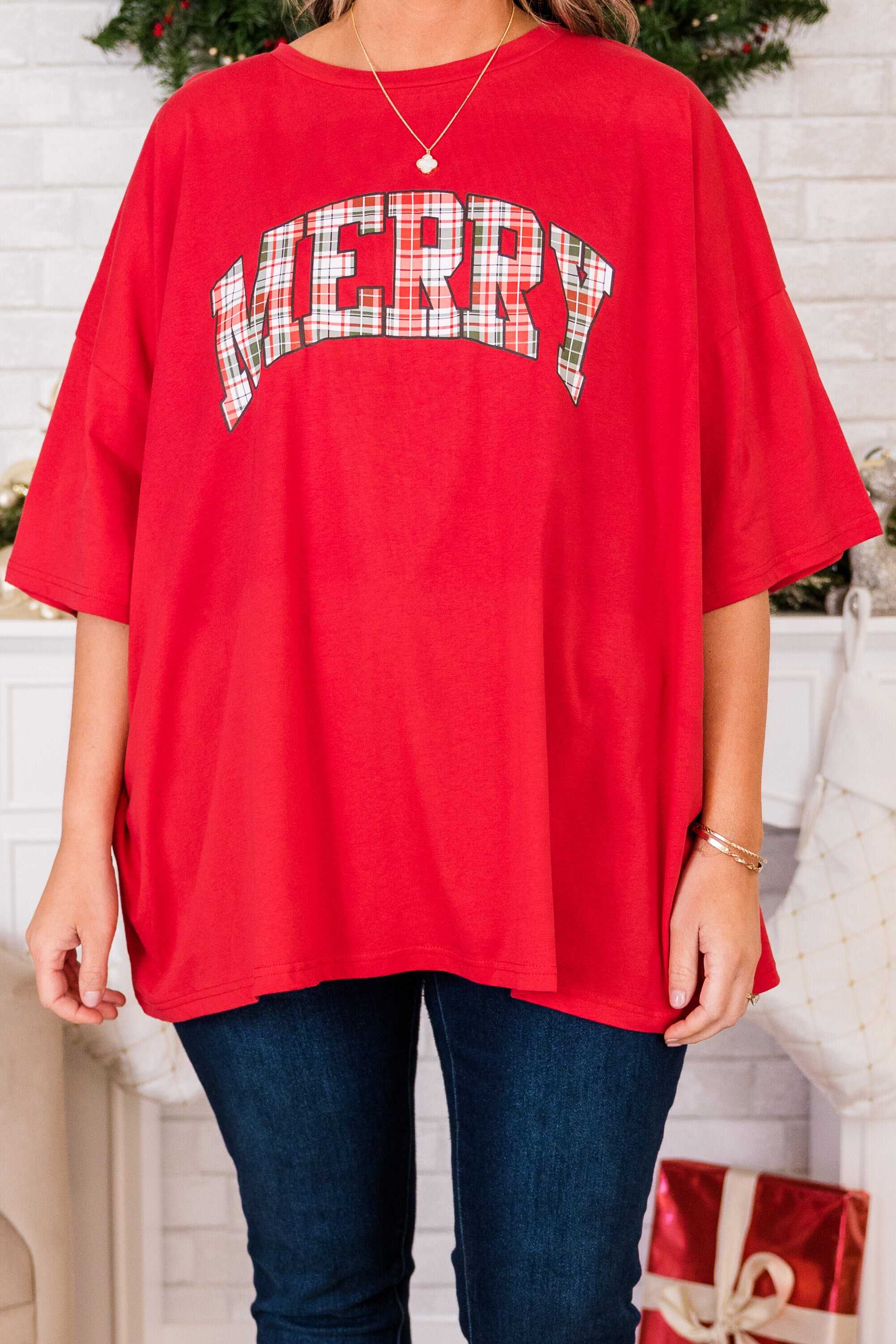 Merry and Plaid Boyfriend Tee, Red