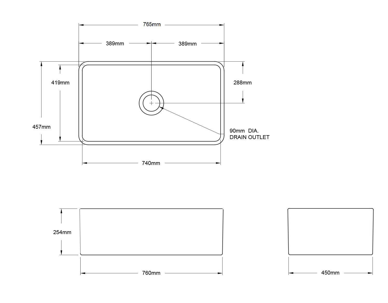 Turner Hastings Novi 75 x 46 Fine Fireclay Butler Sink- Gloss White