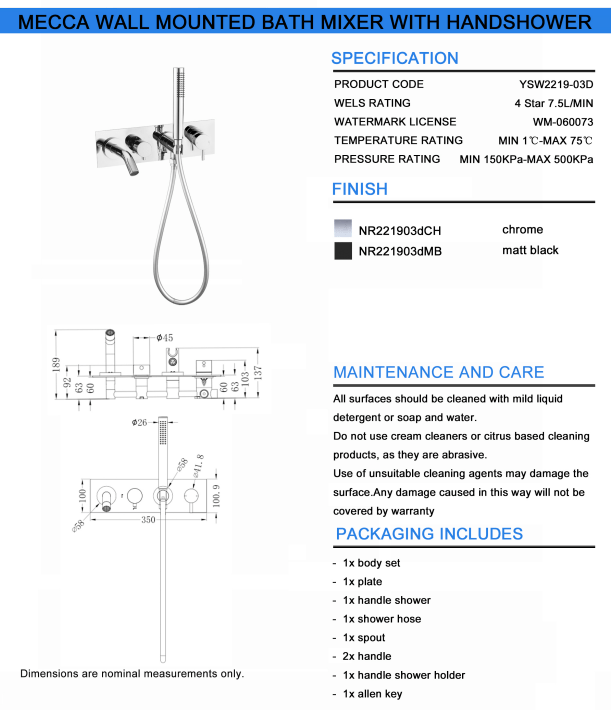 NERO MECCA WALL MOUNT BATH MIXER WITH HAND SHOWER CHROME