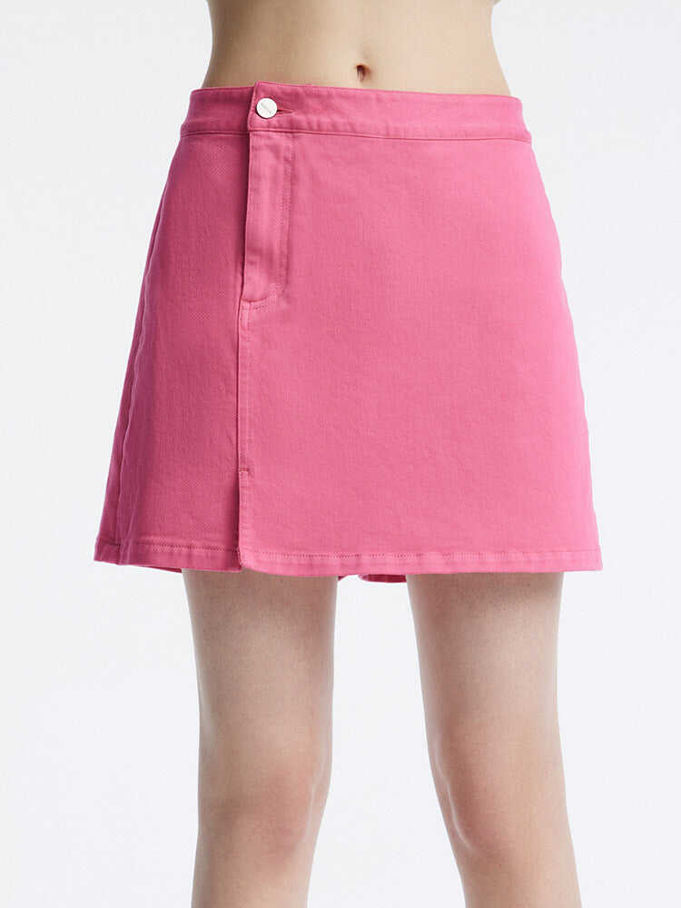 Rose Pink Slit Denim Short Skirt