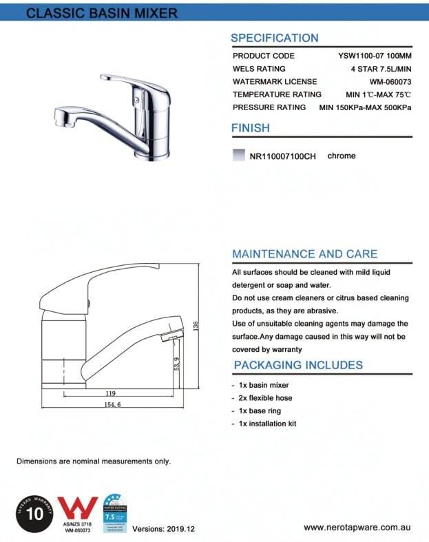 NERO CLASSIC SWIVEL BASIN MIXER (100MM SPOUT) CHROME