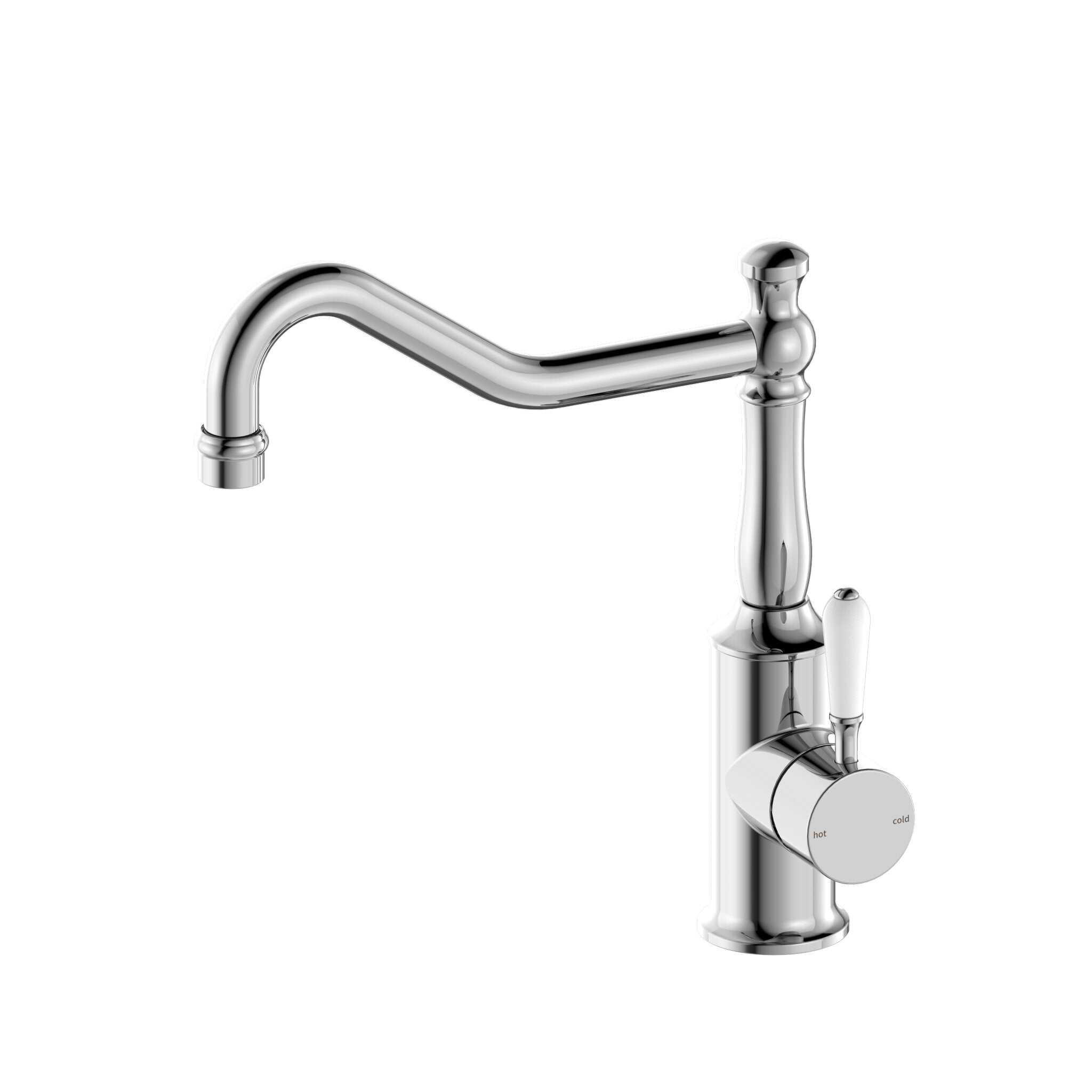 NERO YORK KITCHEN MIXER HOOK SPOUT WITH WHITE PORCELAIN LEVER CHROME