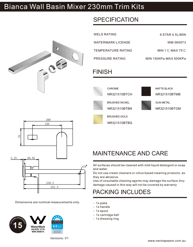 NERO BIANCA WALL BASIN/BATH MIXER 230MM TRIM KITS ONLY GUN METAL