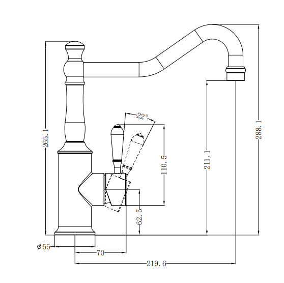 NERO YORK KITCHEN MIXER HOOK SPOUT WITH METAL LEVER MATTE BLACK