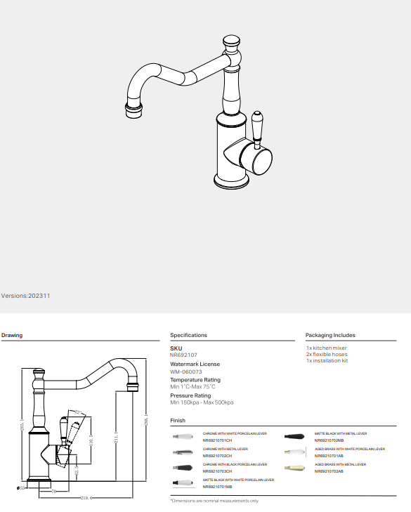 NERO YORK KITCHEN MIXER HOOK SPOUT WITH METAL LEVER MATTE BLACK