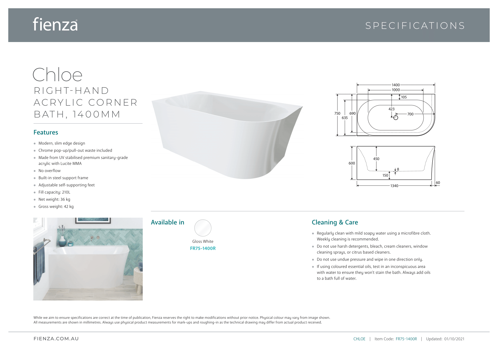 1400mm Corner Back To Wall Bath