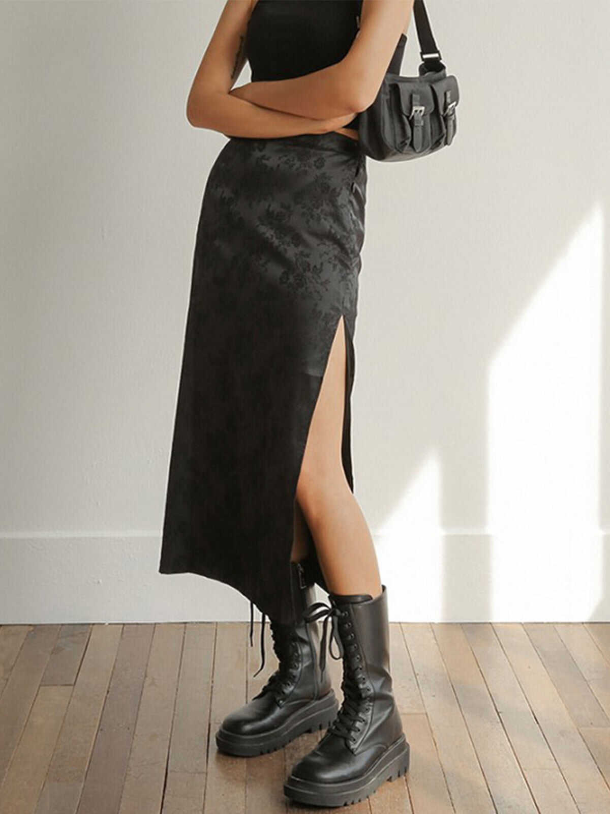 Floral Satin Slit Long Skirt