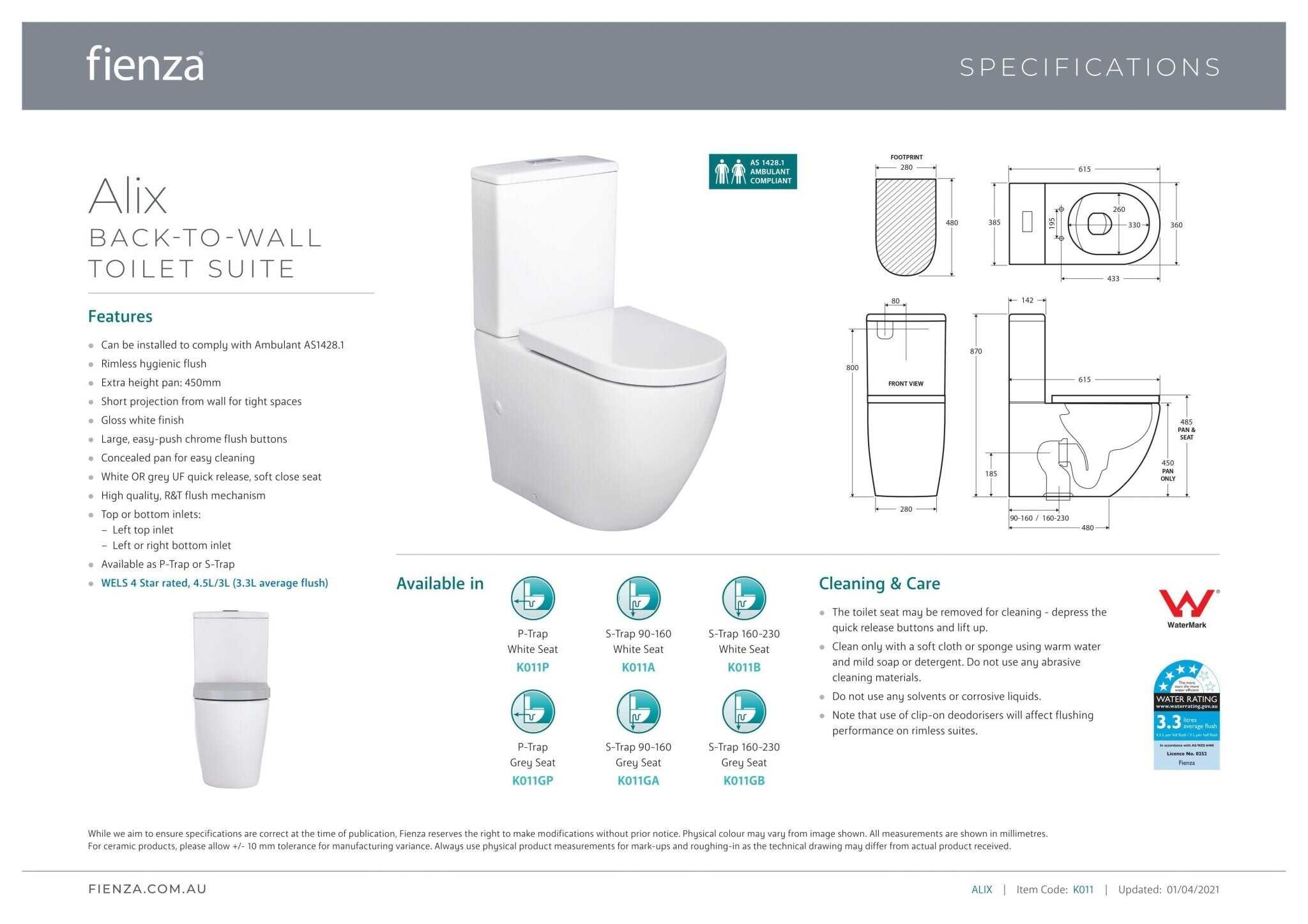 Fienza Alex Back To Wall Toilet Suite