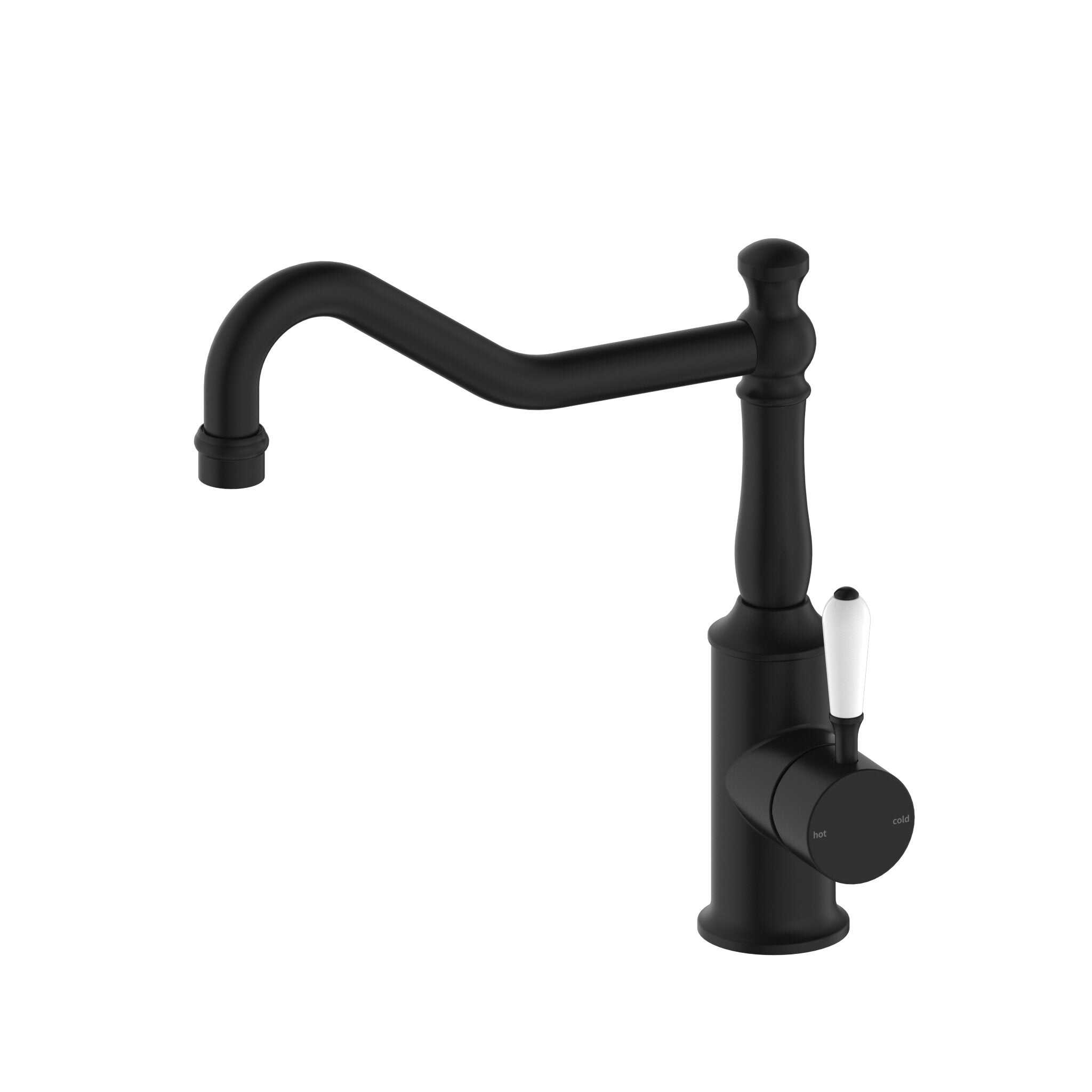 NERO YORK KITCHEN MIXER HOOK SPOUT WITH WHITE PORCELAIN LEVER MATTE BLACK