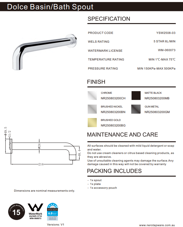 NERO DOLCE BASIN/BATH SPOUT ONLY 215MM CHROME