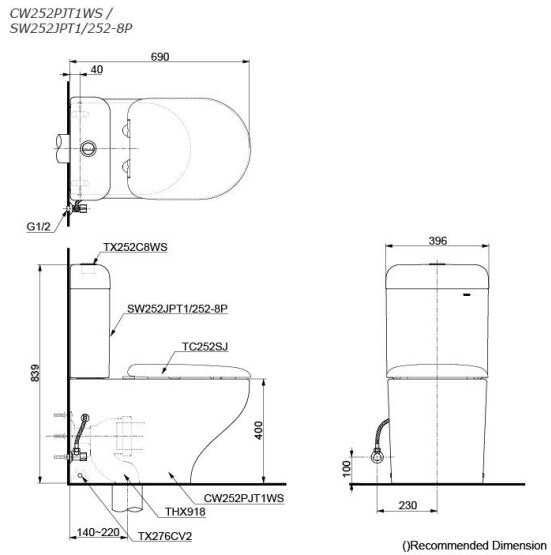 TOTO Hayon CW252PJT1WS / SW252JPT1/252-8P Back to Wall Toilet Suit