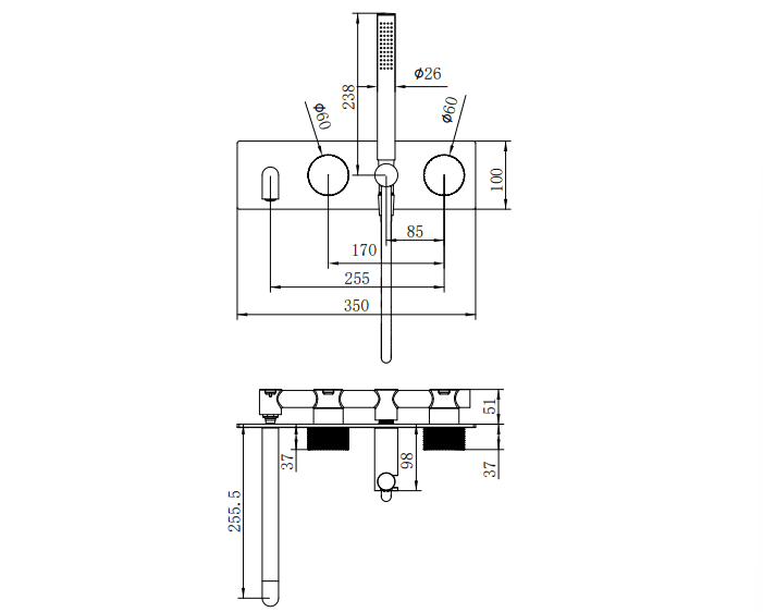 NERO OPAL PROGRESSIVE SHOWER SYSTEM WITH SPOUT 250MM GRAPHITE