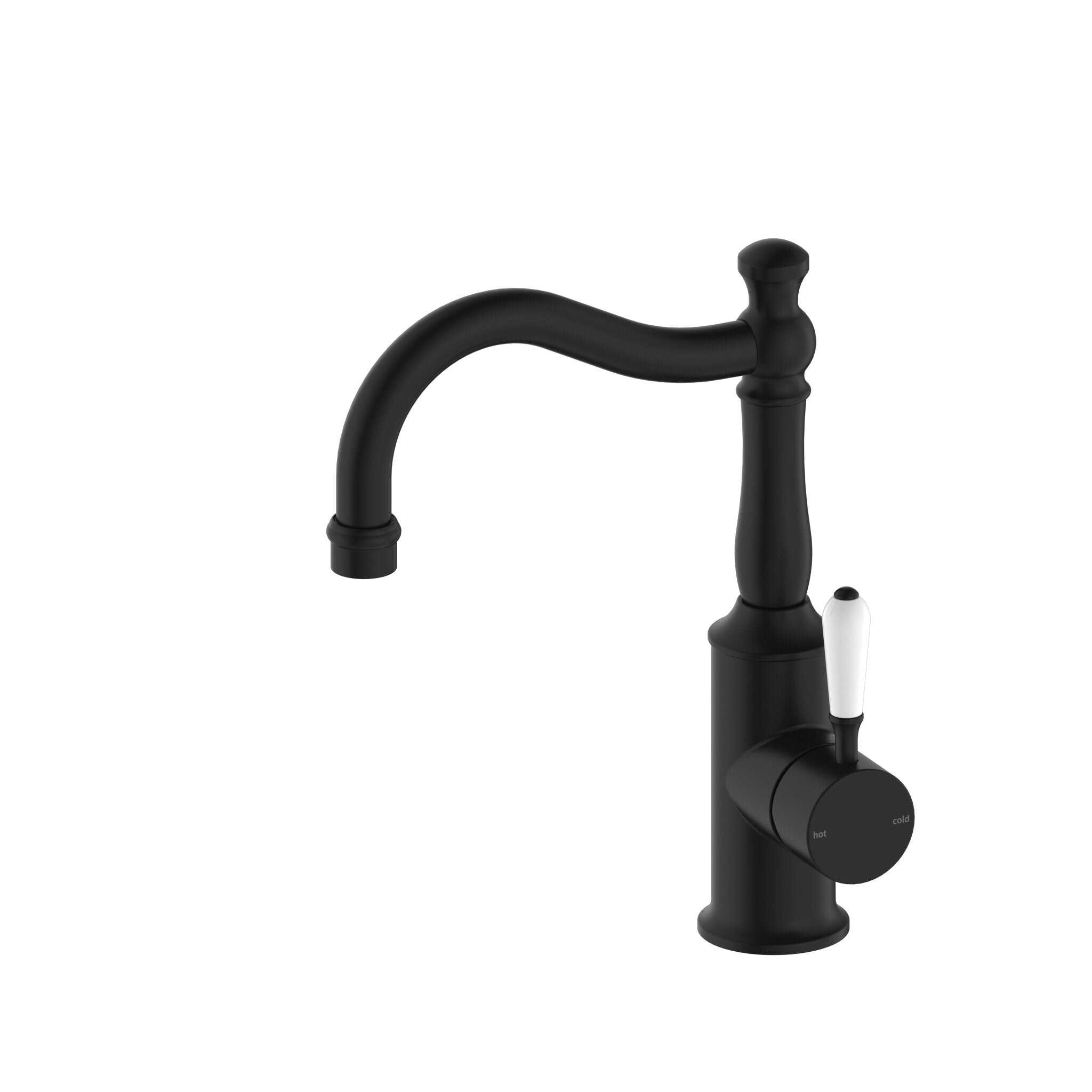 NERO YORK BASIN MIXER HOOK SPOUT WITH WHITE PORCELAIN LEVER MATTE BLACK