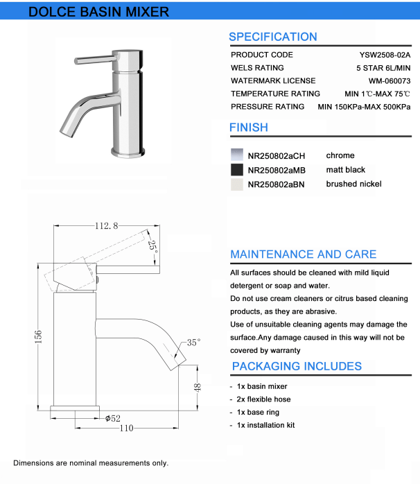 NERO DOLCE BASIN MIXER STYLISH SPOUT BRUSHED NICKEL