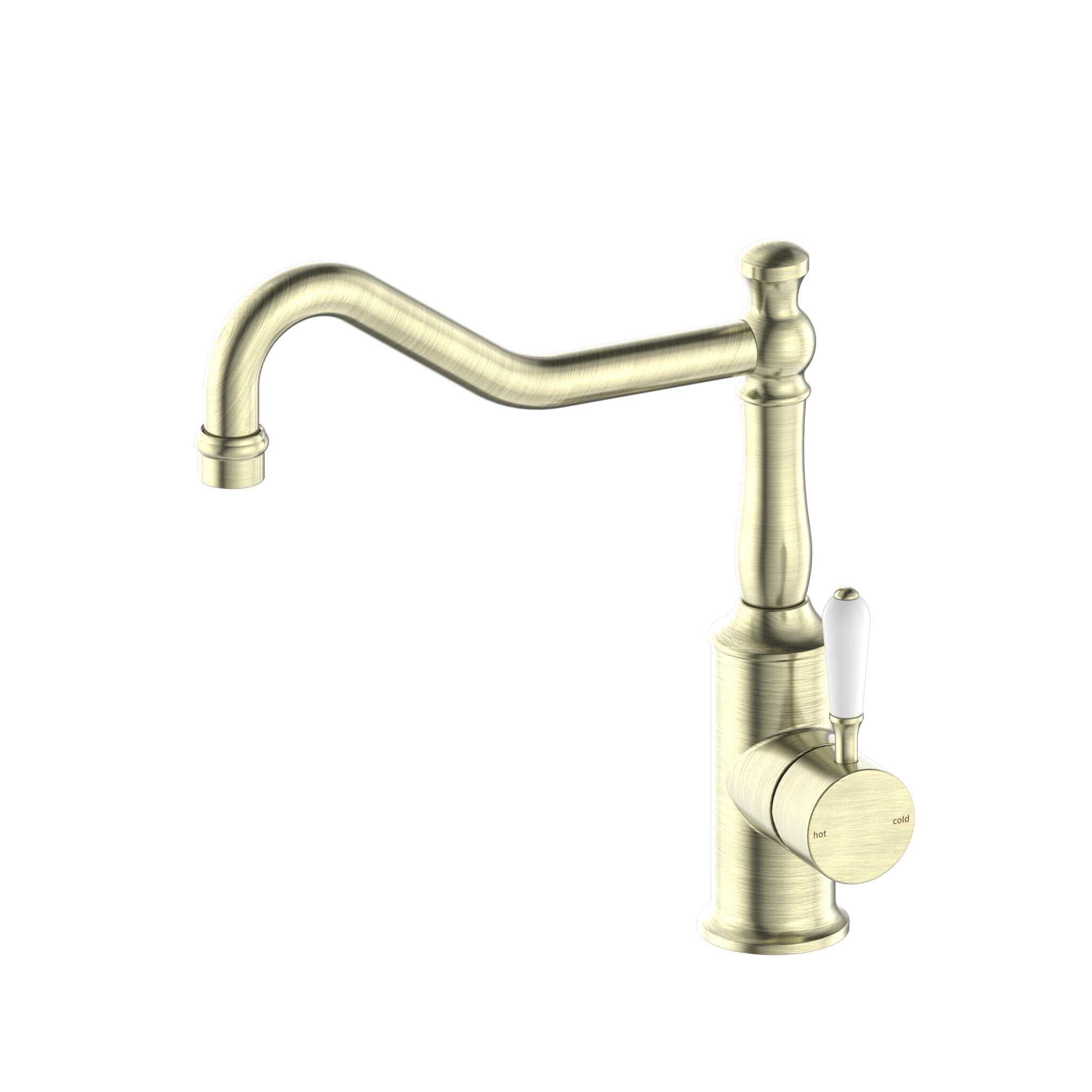 NERO YORK KITCHEN MIXER HOOK SPOUT WITH WHITE PORCELAIN LEVER AGED BRASS