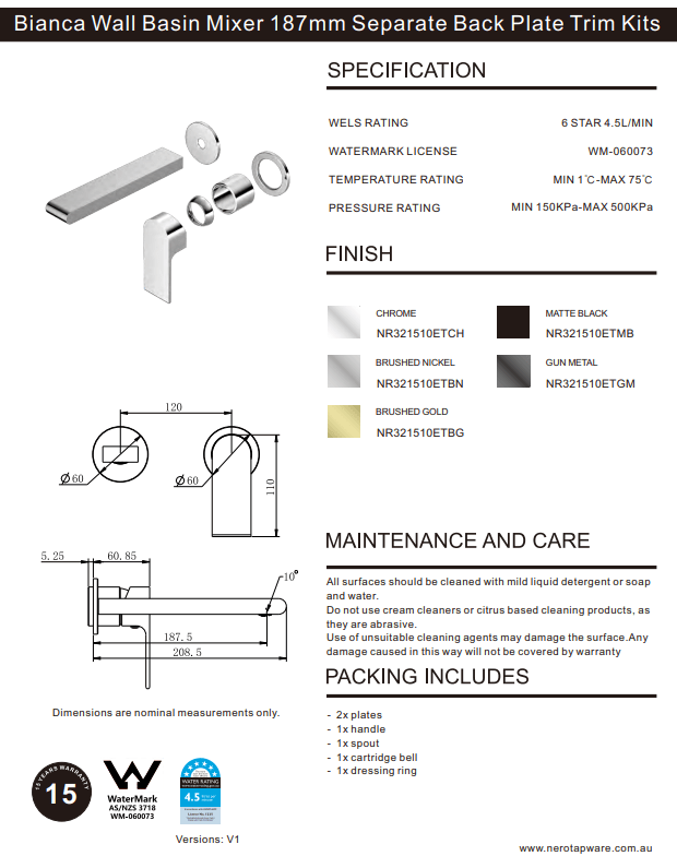 NERO BIANCA WALL BASIN/BATH MIXER SEPARATE BACK PLATE 187MM TRIM KITS ONLY GUN METAL