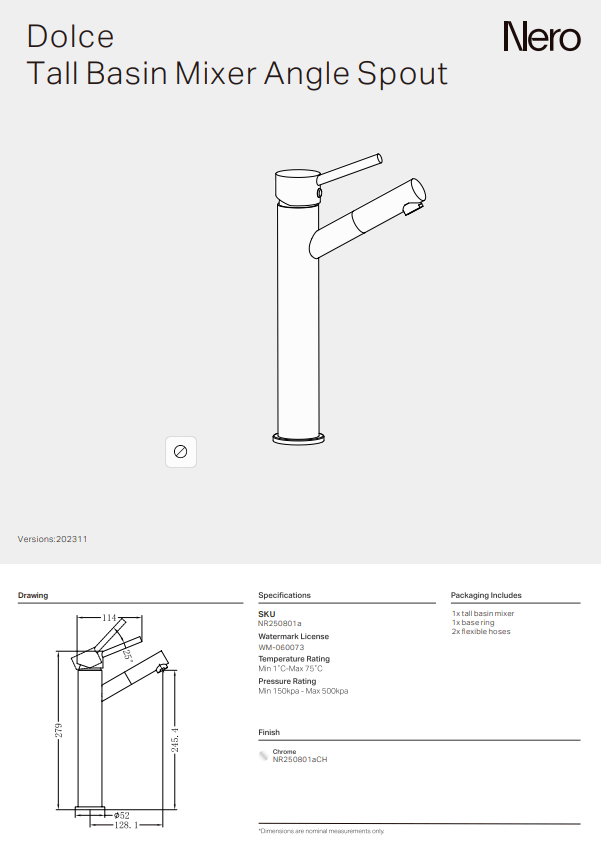 NERO DOLCE TALL BASIN MIXER ANGLE SPOUT CHROME