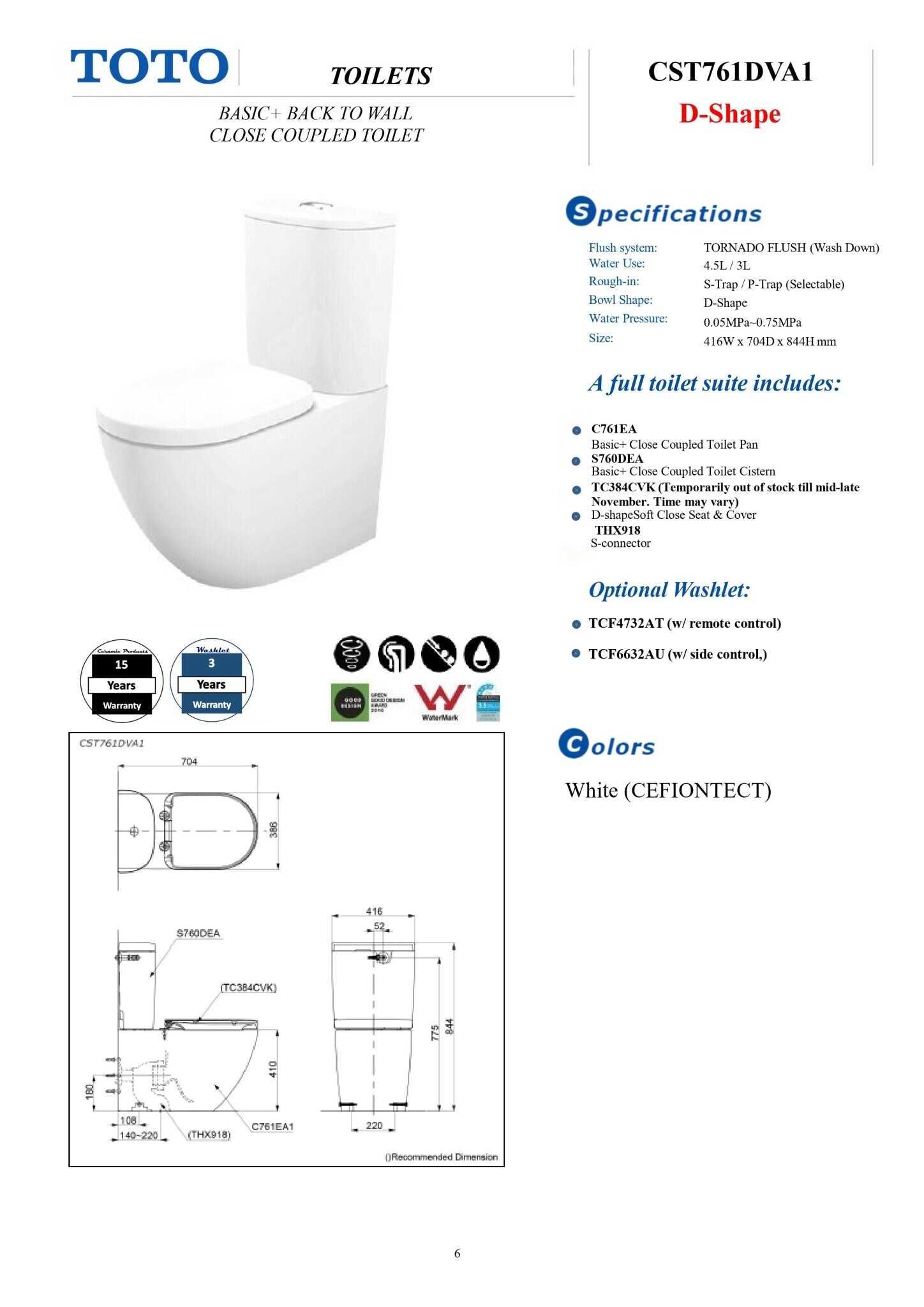 TOTO Basic Plus Back To Wall  Rimless Toilet Suite