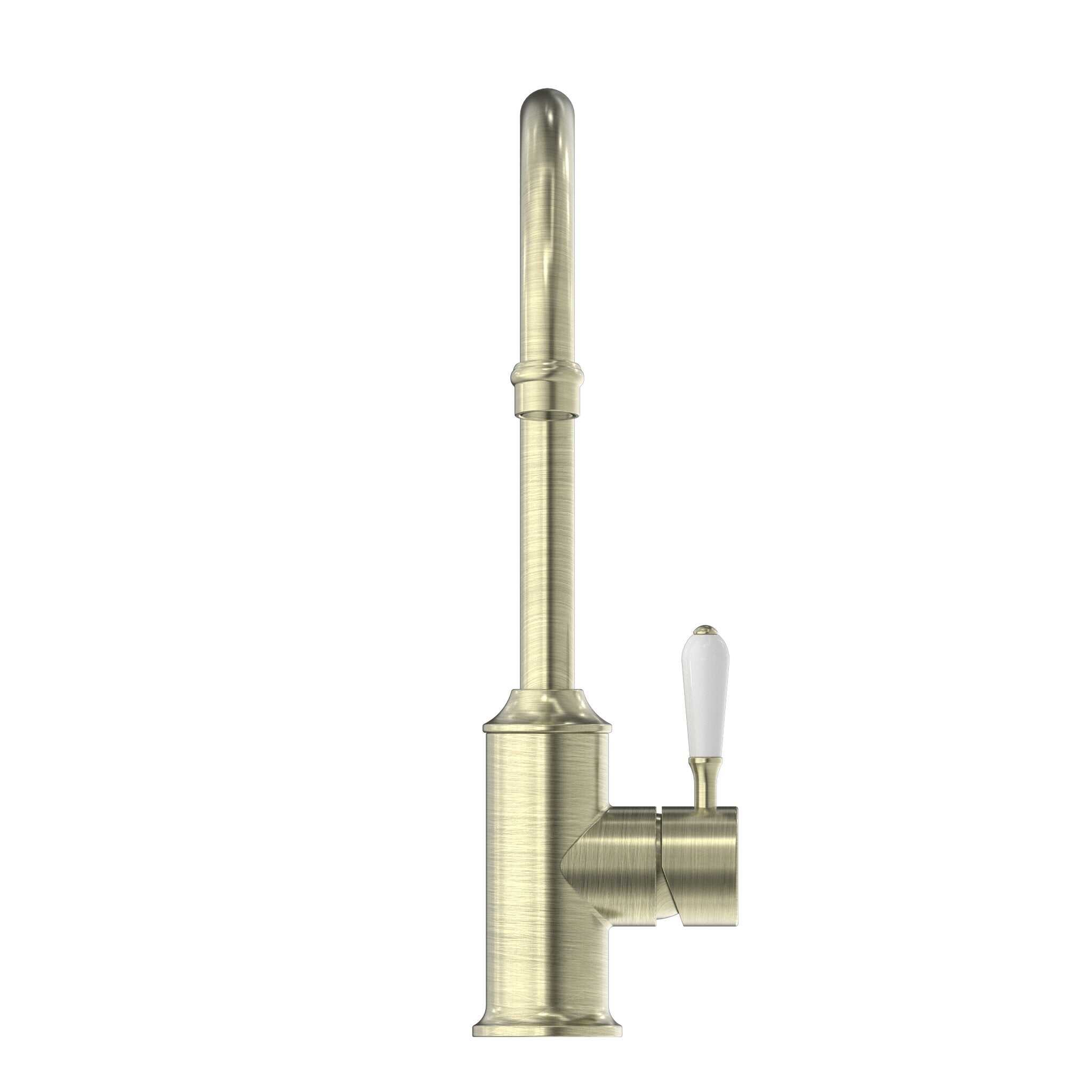 NERO YORK KITCHEN MIXER GOOSNECK SPOUT WITH WHITE PORCELAIN LEVER AGED BRASS